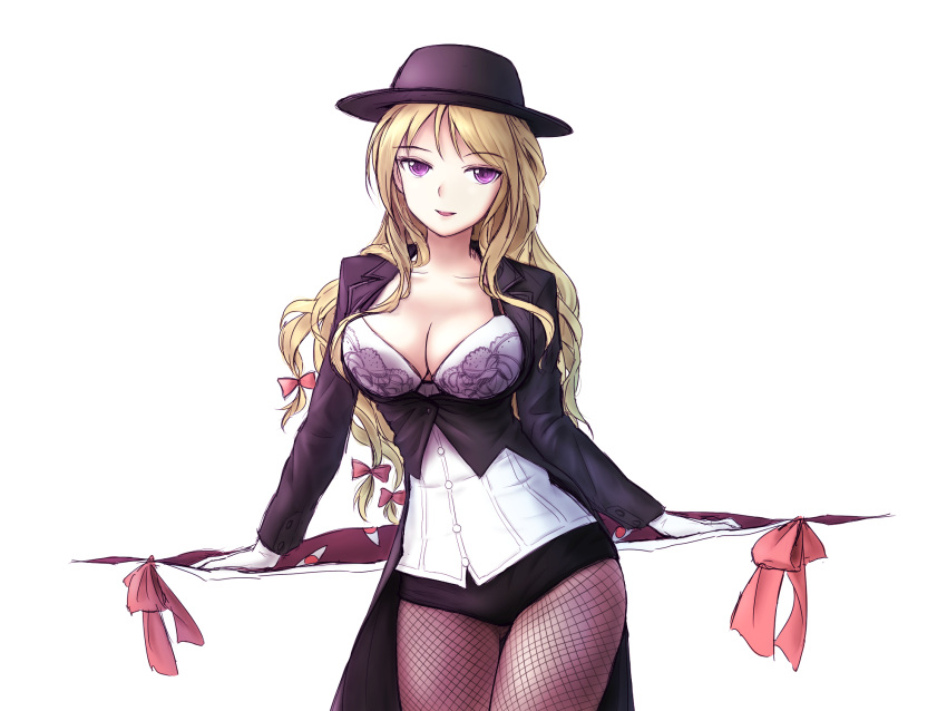 1girl alternate_costume blonde_hair breasts bustier cleavage cowboy_shot fishnet_pantyhose fishnets gap gloves hat highres looking_at_viewer minust pantyhose parted_lips sketch smile solo touhou violet_eyes white_background white_gloves yakumo_yukari