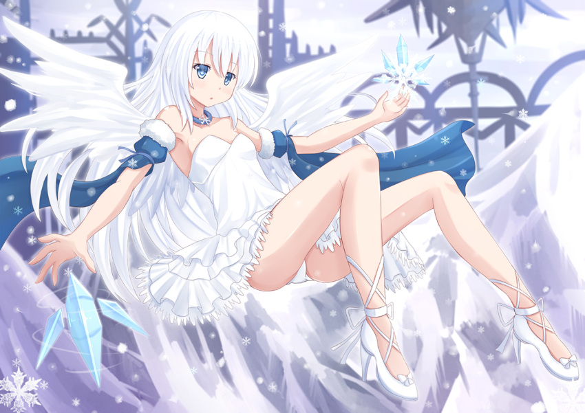 1girl blue_eyes blush cross-laced_footwear detached_sleeves high_heels ice kazenokaze original panties pantyshot pantyshot_(sitting) sitting snow snowflakes solo underwear white_hair wings