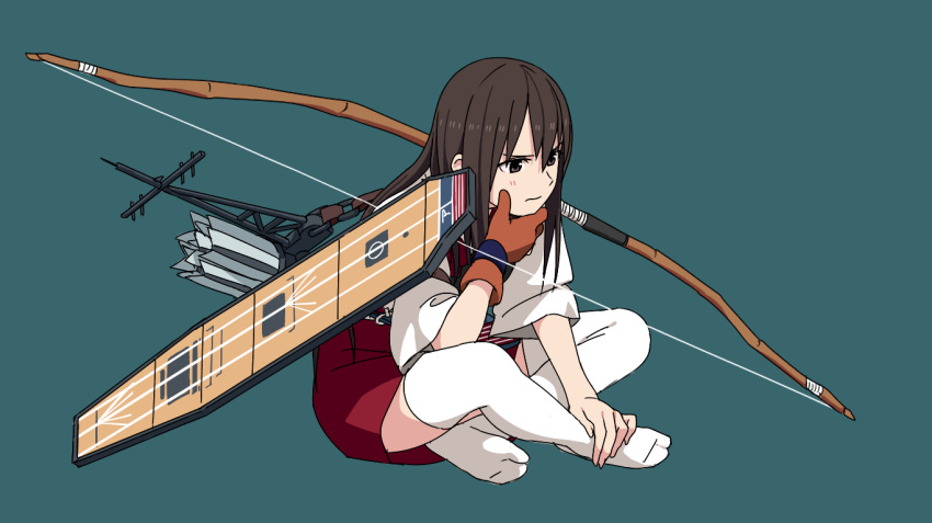 akagi_(kantai_collection) arrow bow_(weapon) brown_hair hand_on_own_chin indian_style japanese_clothes kantai_collection kinosuke_(sositeimanoga) long_hair muneate quiver single_glove sitting skirt solo thigh-highs weapon