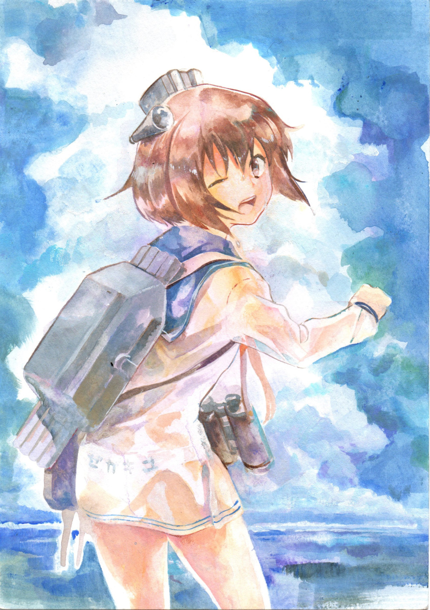 1044kiro 1girl ;d absurdres acrylic_paint_(medium) binoculars brown_eyes brown_hair clothes_writing headgear highres kantai_collection long_sleeves neckerchief no_pants one_eye_closed open_mouth panties sailor_dress see-through short_hair smile solo traditional_media underwear wet wet_clothes white_panties yukikaze_(kantai_collection)
