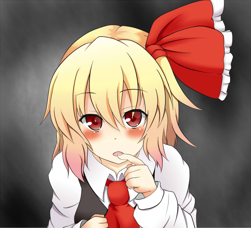 1girl blonde_hair blush finger_to_mouth hair_ribbon highres meimou open_mouth red_eyes ribbon rumia shirt short_hair touhou vest