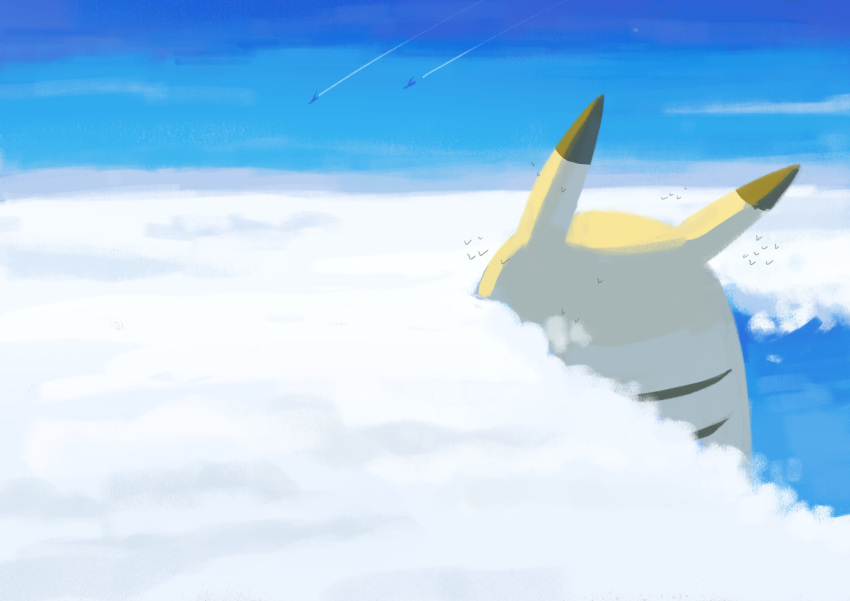 above_clouds absurdres bigglyboof blue_sky clouds commentary from_behind gen_1_pokemon gigantamax_pikachu highres no_humans pikachu pokemon pokemon_(creature) pokemon_(game) pokemon_swsh sky