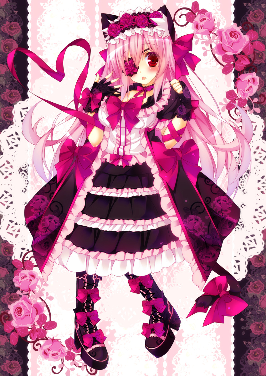 1girl animal_ears arm_ribbon black_gloves blush bonnet boots bow cat_ears coat eyepatch fingerless_gloves flower frilled_skirt frills gloves gothic_lolita heart heart_of_string highres lolita_fashion long_hair ojitcha open_clothes open_coat open_mouth original pink_hair pink_rose red_eyes rose shirt skirt solo very_long_hair