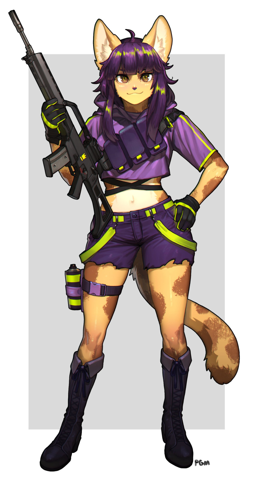 1girl absurdres ahoge animal_ears artist_name assault_rifle bangs belt_buckle blunt_bangs boots border buckle commission cropped_hoodie full_body fur furry furry_female gloves grey_background gun h&amp;k_g36 hand_on_hip highres holding holding_gun holding_weapon hood hood_down hoodie knee_boots looking_at_viewer navel original pgm300 purple_hair rifle short_sleeves shorts simple_background smile solo standing tail thigh_strap torn_clothes torn_legwear two-tone_background watermark weapon white_border