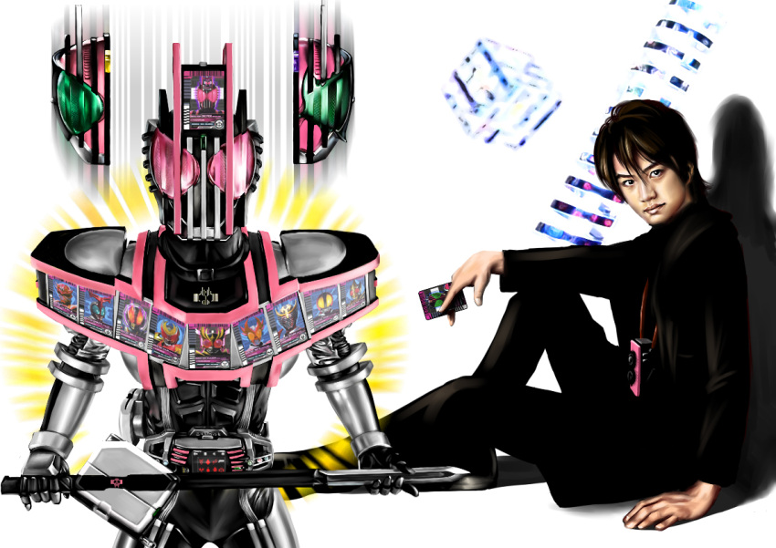 1boy armor brown_hair camera card cube helmet holding holding_card holding_weapon jacket kadoya_tsukasa kamen_rider kamen_rider_agito kamen_rider_blade kamen_rider_dcd kamen_rider_decade kamen_rider_den-o kamen_rider_faiz kamen_rider_hibiki kamen_rider_kiva kamen_rider_kuuga kamen_rider_ryuki looking_at_viewer male mask neofrontier pants rider_belt short_hair sitting spiral sword twin-lens_reflex_camera weapon