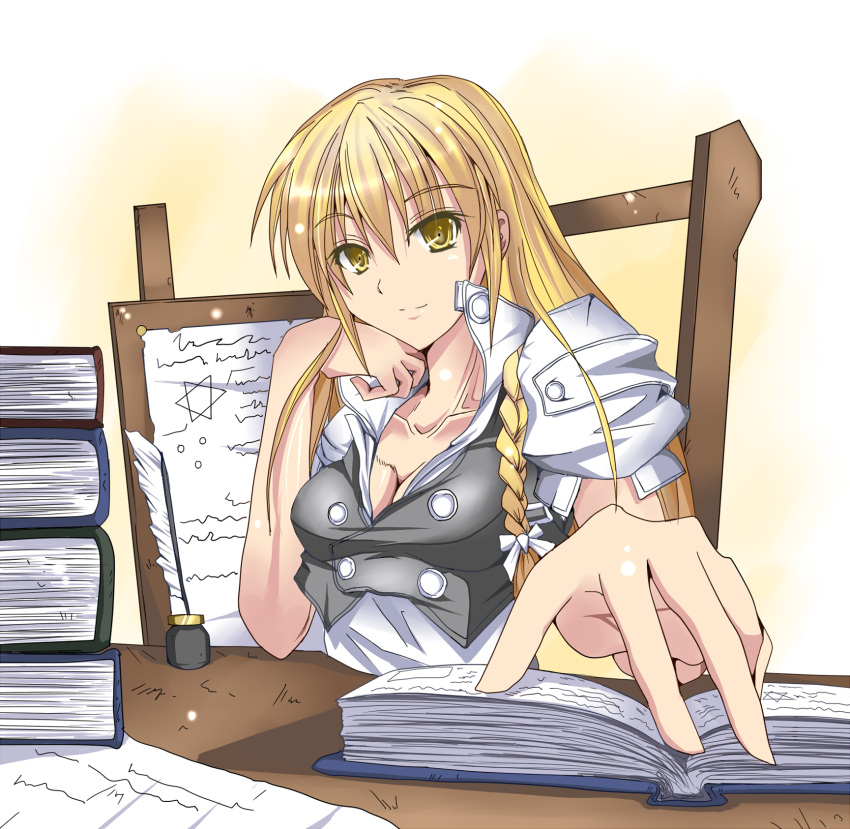 1girl blonde_hair book breasts cleavage highres ink_bottle kirisame_marisa large_breasts light_smile long_hair luna_(gunfire) popped_collar quill sitting solo touhou yellow_eyes