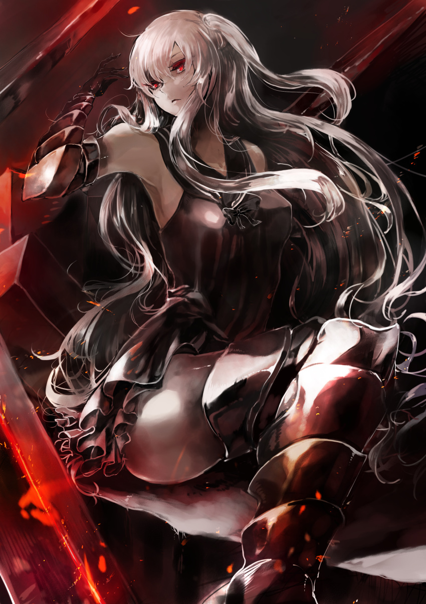 1girl absurdres aircraft_carrier_oni armored_boots barefoot black_dress boots dress gauntlets highres hiso_(inoino_4) kantai_collection long_hair looking_at_viewer one_side_up pale_skin red_eyes sailor_dress shinkaisei-kan sitting solo thigh-highs thigh_boots very_long_hair white_hair