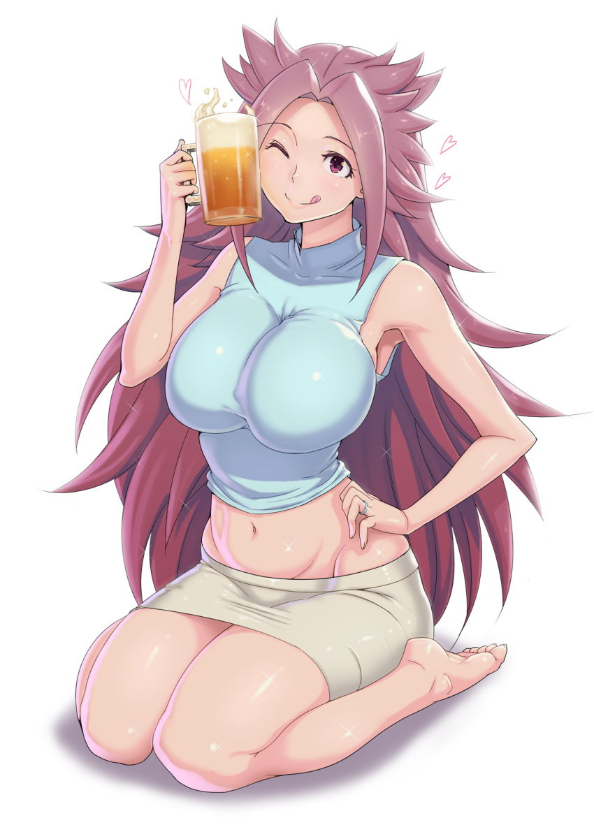 1girl :q alcohol ao_madou-shi armpits barefoot beer beer_mug breasts hand_on_hip heart highres jewelry jun'you_(kantai_collection) kantai_collection large_breasts miniskirt navel one_eye_closed purple_hair ring simple_background sitting skirt solo spiky_hair tongue tongue_out violet_eyes wariza wedding_ring white_background
