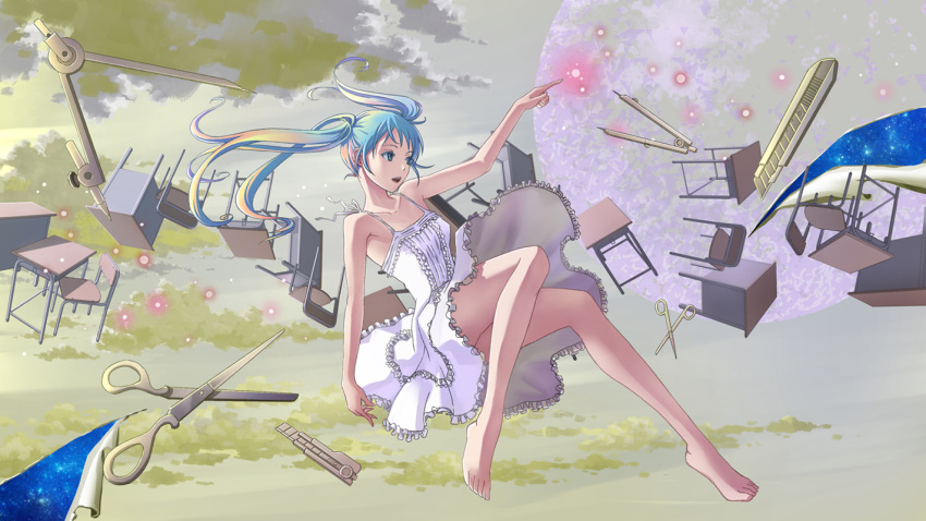 1girl barefoot chair compass_(instrument) dress hatsune_miku long_hair school_desk scissors sky solo suishougensou twintails vocaloid