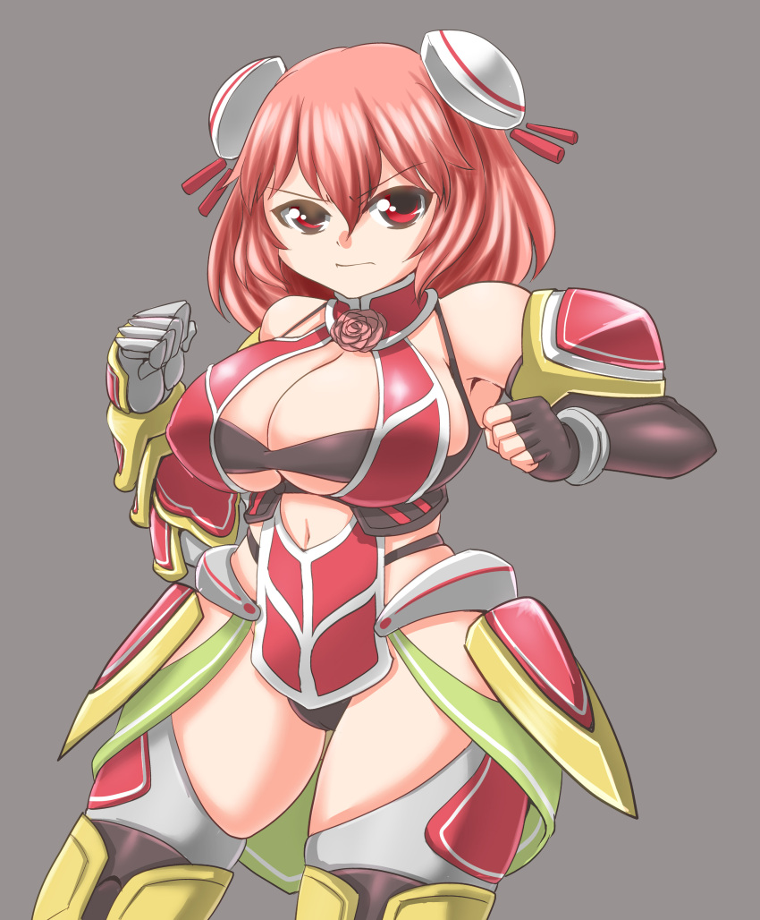 1girl absurdres adapted_costume armor bare_shoulders breasts cleavage cowboy_shot double_bun highres ibaraki_kasen naniwadou navel pink_eyes pink_hair solo touhou