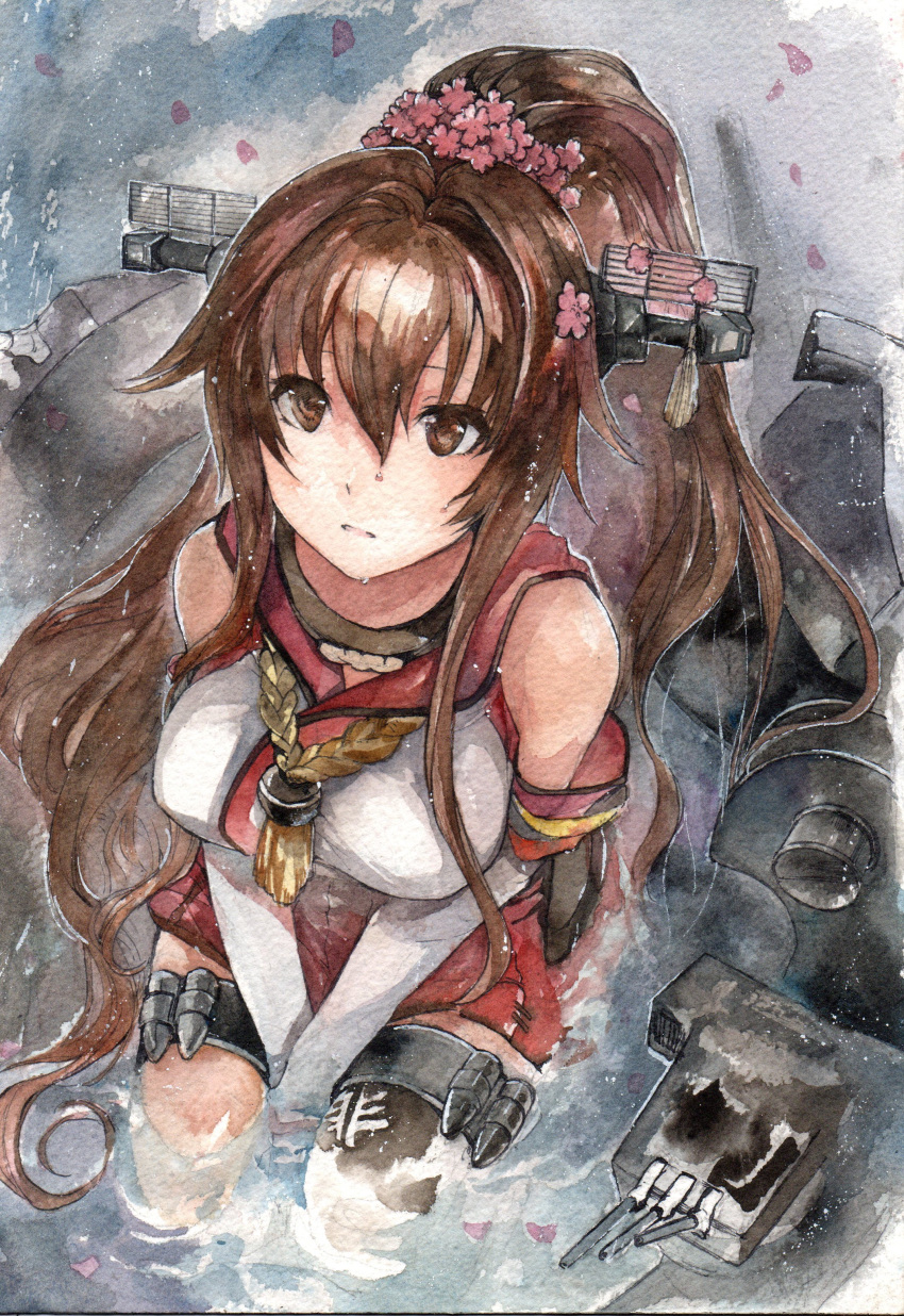 1044kiro 1girl absurdres ammunition breasts brown_eyes brown_hair cannon cherry_blossoms elbow_gloves flower from_above gloves graphite_(medium) hair_flower hair_ornament headgear highres kantai_collection long_hair looking_at_viewer looking_up machinery parted_lips ponytail single_thighhigh sitting_on_water solo thigh-highs thigh_strap traditional_media turret v_arms very_long_hair water watercolor_(medium) wet white_gloves yamato_(kantai_collection)