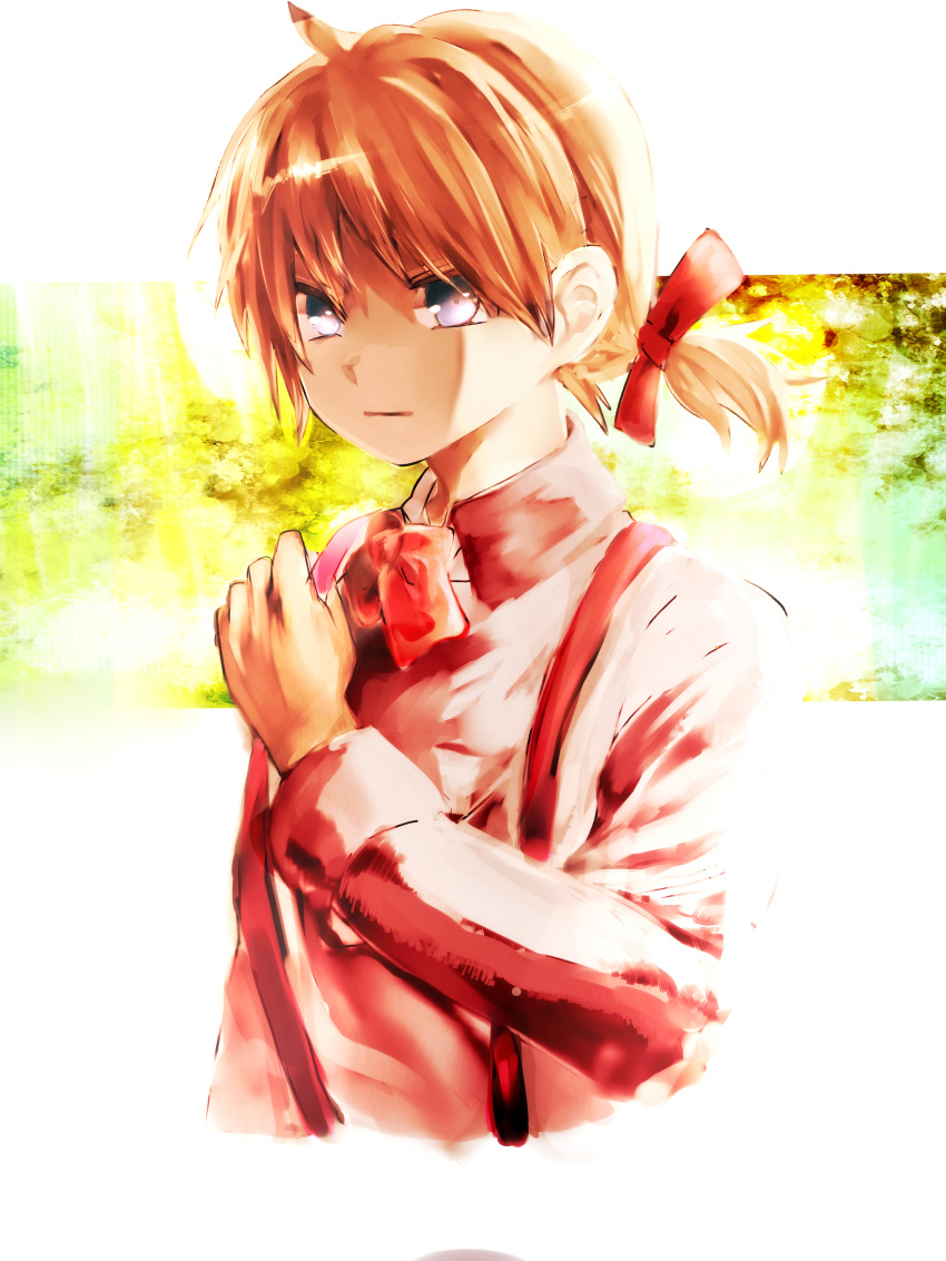 1boy absurdres blonde_hair blue_eyes bow bowtie chloe_no_requiem hair_bow hand_on_own_chest highres open_mouth pierre_d'alembert ponytail short_hair solo suspenders