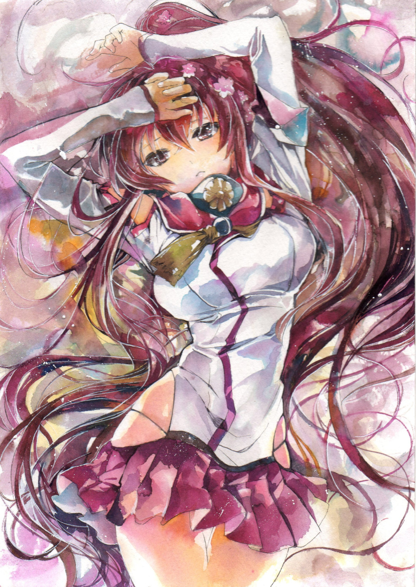 1044kiro 1girl absurdres arms_up bare_shoulders breasts brown_eyes brown_hair flower hair_flower hair_ornament highres kantai_collection large_breasts long_hair looking_at_viewer miniskirt ponytail redhead side_cutout skindentation skirt solo tassel thigh_gap traditional_media very_long_hair yamato_(kantai_collection)