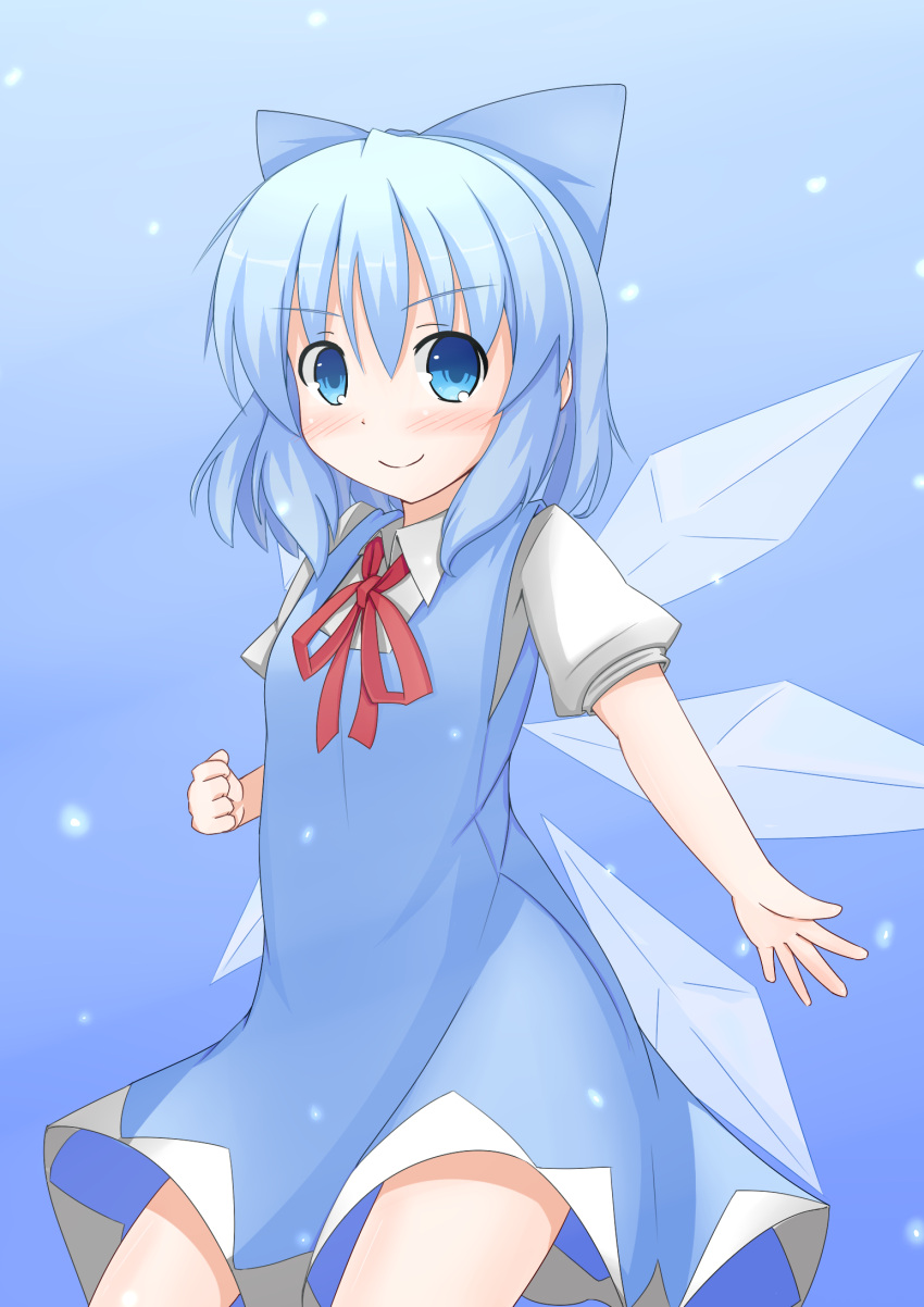1girl blue_eyes blue_hair bow cirno clenched_hand dress hair_bow highres maguro-dama puffy_short_sleeves puffy_sleeves short_hair short_sleeves smile touhou wings