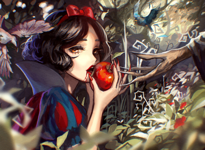 1girl apple bird bow brown_eyes brown_hair bust cape disney eating fingernails flower food fruit hair_bow hairband leaf lips lipstick long_fingernails looking_at_viewer makeup open_mouth profile puffy_short_sleeves puffy_sleeves short_hair short_sleeves snow_white_and_the_seven_dwarfs tree tsukun112