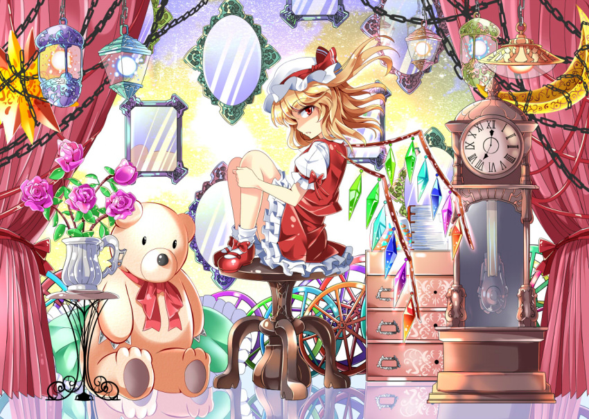 1girl blonde_hair chain clock curtains dress e.o. flandre_scarlet flower hat hat_ribbon lantern leg_hug looking_at_viewer mirror mob_cap pink_rose puffy_short_sleeves puffy_sleeves red_dress red_eyes red_shoes reflective_floor ribbon rose shaded_face shoes short_sleeves sitting_on_object solo stuffed_animal stuffed_toy table teddy_bear touhou vase wings