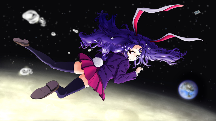1girl animal_ears black_legwear blazer breasts bunny_tail dress_shirt earth fallen_down falling floating floating_hair from_behind highres jacket loafers long_hair long_sleeves looking_at_viewer looking_back moon necktie outstretched_arms purple_hair rabbit_ears red_eyes reisen_udongein_inaba shirt shoes solo space star star_(sky) tail teardrop tears thigh-highs touhou very_long_hair white_shirt zettai_ryouiki
