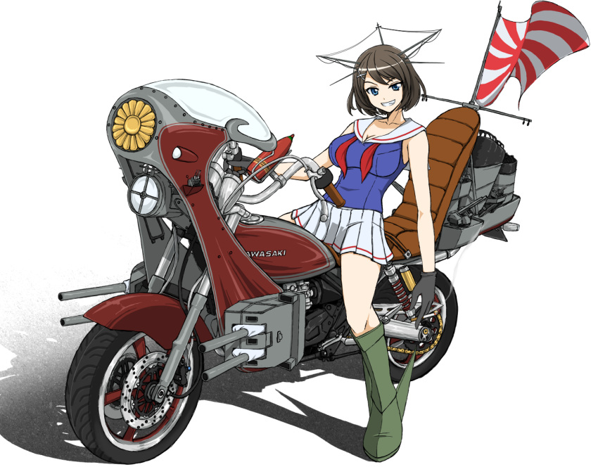 1girl ammunition bare_shoulders black_gloves blue_eyes boots brown_hair flag gloves grin headgear kantai_collection kawasaki koutarou_(plusdrive) looking_at_viewer machinery maya_(kantai_collection) motor_vehicle motorcycle neckerchief pleated_skirt rising_sun sailor_collar short_hair simple_background skirt smile solo vehicle white_background white_skirt