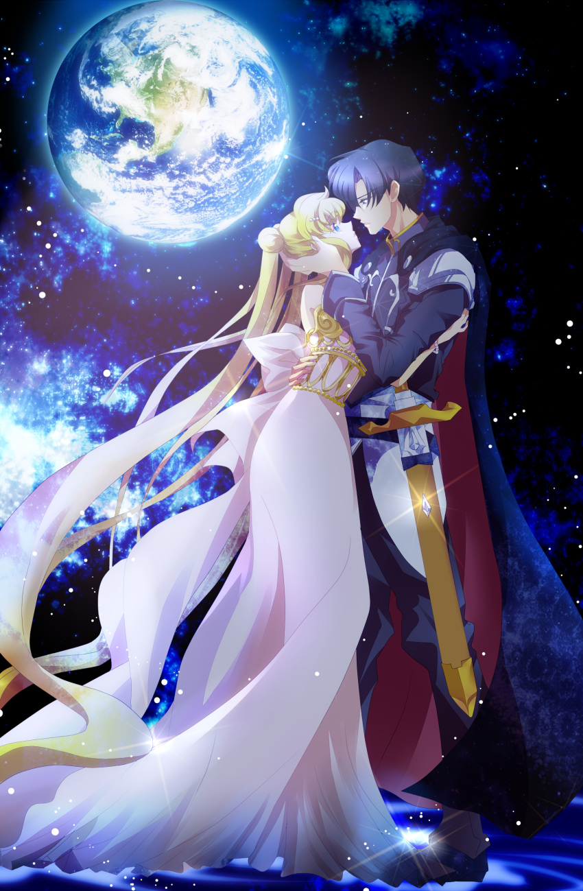 1boy 1girl absurdres armor bcap bishoujo_senshi_sailor_moon black_hair blonde_hair blue_eyes bow cape chiba_mamoru couple double_bun dress earth endymion expressionless eye_contact hetero highres incipient_kiss long_hair looking_at_another planet princess_serenity scabbard sheath sword tsukino_usagi twintails weapon white_dress