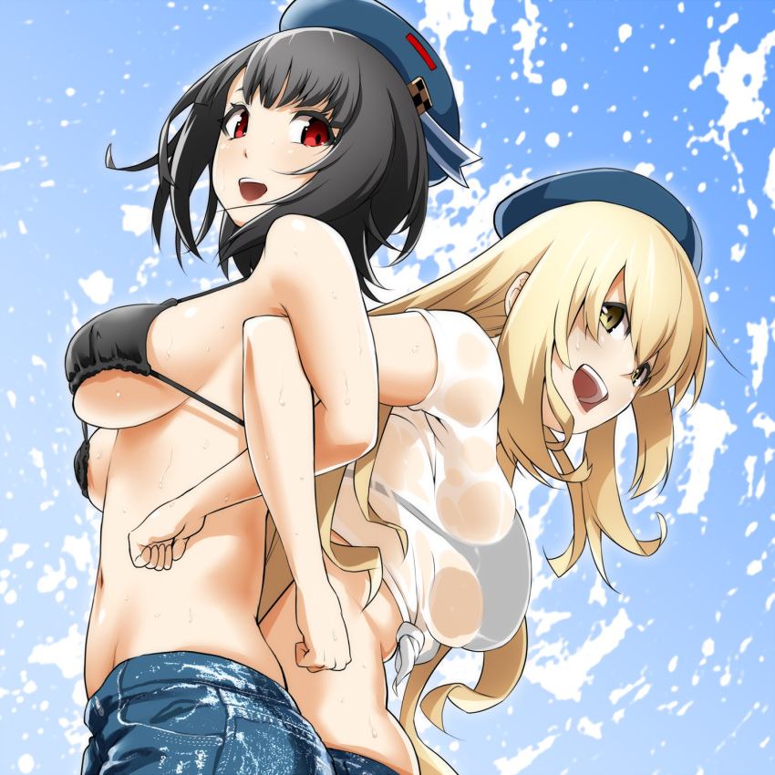 2girls atago_(kantai_collection) back-to-back beret bikini black_bikini black_hair blonde_hair blue_sky breasts bust casual clenched_hands denim from_below hat highres interlocked_arms jeans kantai_collection large_breasts long_hair looking_at_another mattari_yufi midriff multiple_girls navel open_mouth pants red_eyes see-through short_hair short_sleeves sky smile sweat swimsuit takao_(kantai_collection) tied_shirt under_boob wet wet_clothes wet_shirt wet_t-shirt yellow_eyes