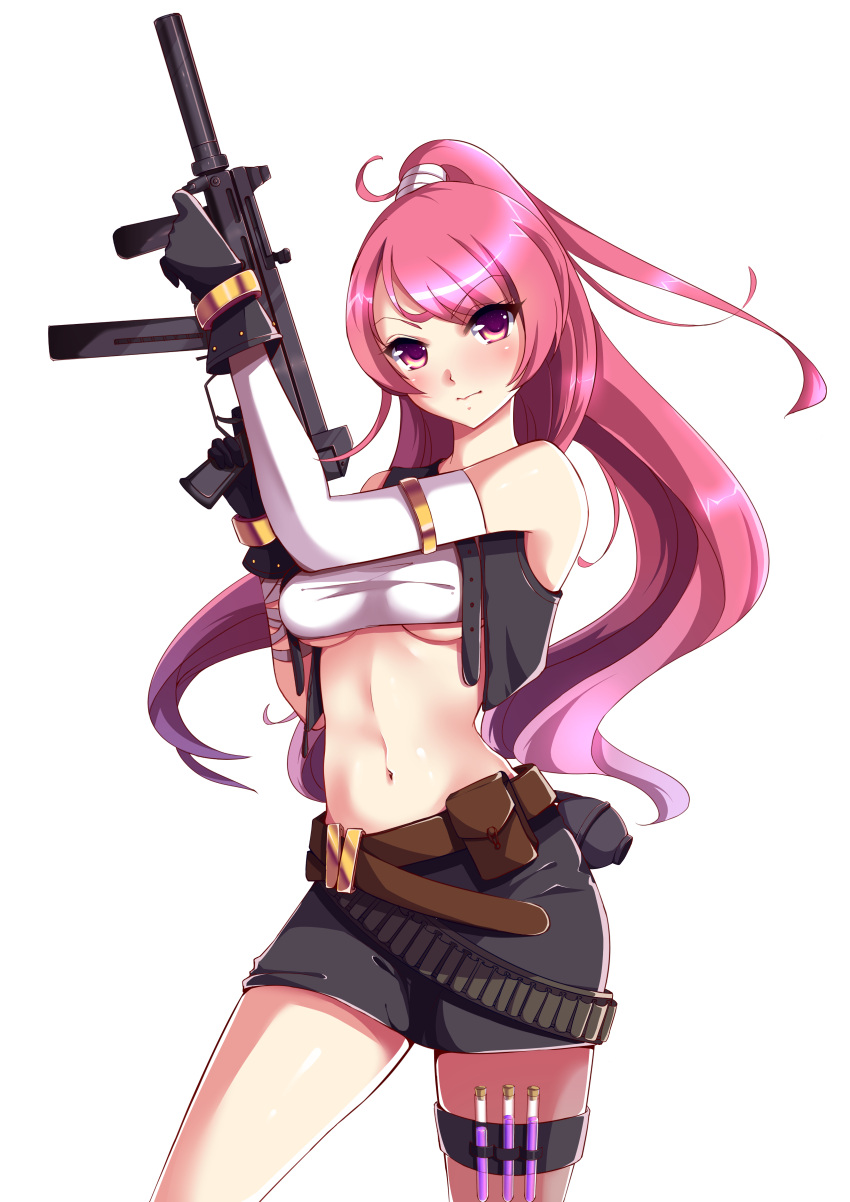 1girl absurdres gun highres long_hair midriff navel original pandako pink_eyes pink_hair solo weapon