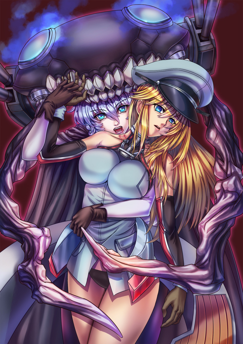2girls bismarck_(kantai_collection) bite_mark biting black_panties blonde_hair blood blue_eyes cape detached_sleeves fangs gloves hat highres impossible_clothes kantai_collection long_hair looking_at_viewer military military_hat military_uniform multiple_girls open_mouth panties peaked_cap shinkaisei-kan smarms underwear uniform vampire wo-class_aircraft_carrier