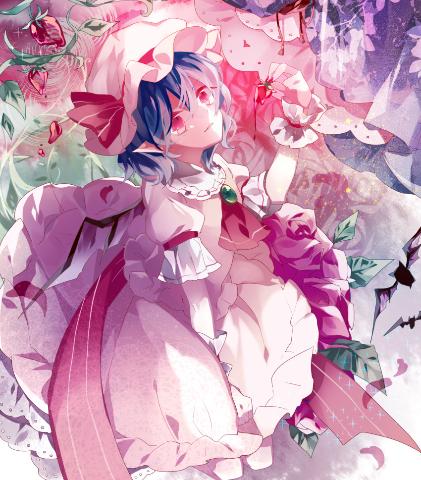 1girl ascot bat_wings food fruit hat highres holding mob_cap parted_lips pointy_ears red_eyes remilia_scarlet short_hair shuukenyuu silver_hair solo touhou wings wrist_cuffs