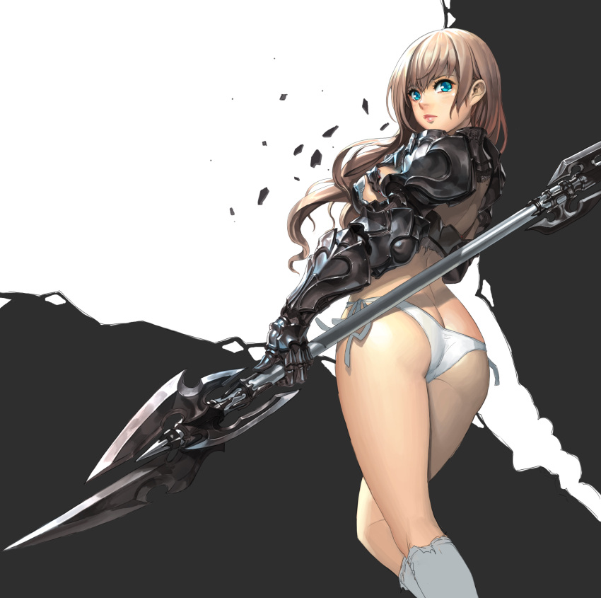 1girl absurdres armor ass blue_eyes breasts brown_hair butt_crack cherrylich from_behind gauntlets highres lips long_hair looking_back original panties pauldrons polearm solo underwear weapon