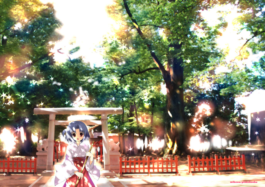 1girl :d broom holding japanese_clothes looking_at_viewer mikeou miko open_mouth original red_eyes scenery shade silver_hair smile solo torii