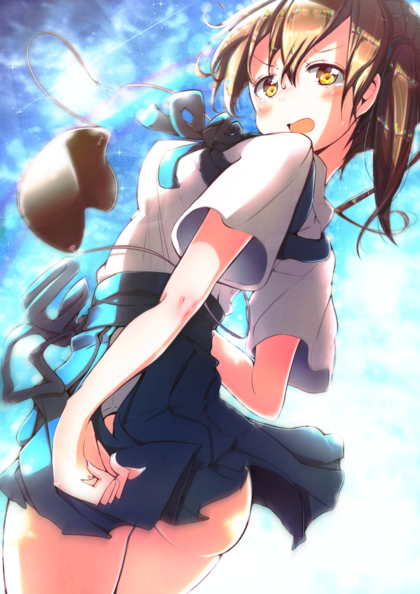 1girl ass blue_skirt blue_sky blush brown_eyes brown_hair from_behind hakama_skirt highres japanese_clothes kaga_(kantai_collection) kantai_collection koukii looking_at_viewer looking_back muneate muneate_removed open_mouth pleated_skirt short_hair side_ponytail skirt sky solo tasuki