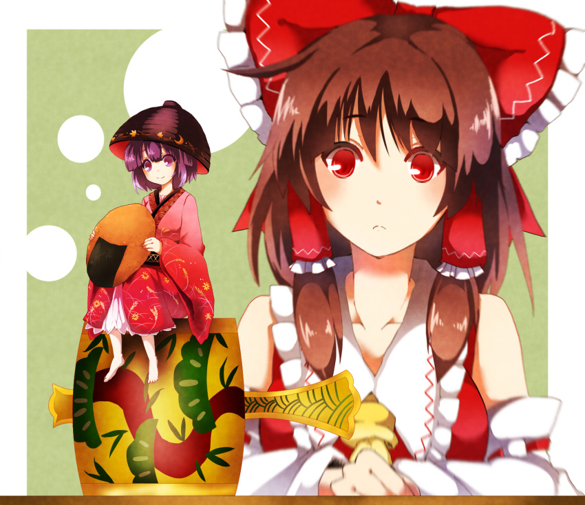 2girls :c ascot barefoot blurry bow brown_hair circle depth_of_field detached_sleeves full_body green_background hair_bow hair_tubes hakurei_reimu hat highres holding japanese_clothes kimono looking_at_another looking_at_viewer mallet minigirl miracle_mallet multiple_girls nayutaro obi purple_hair red_eyes ribbon-trimmed_sleeves ribbon_trim rice_bowl sash short_hair sitting smile sukuna_shinmyoumaru table touhou violet_eyes wide_sleeves