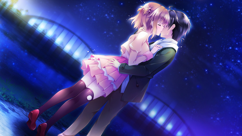 1boy 1girl black_hair black_legwear bridge brown_hair closed_eyes coat couple game_cg glowing golden_marriage hair_bobbles hair_ornament hand_on_another's_chest hand_on_another's_neck highres kiss long_sleeves night night_sky pleated_skirt puffy_long_sleeves puffy_sleeves river scarf short_hair skirt sky socks star_(sky) starry_sky tachibana_nagisa tange_kasumi thigh-highs tiptoes twintails two_side_up zettai_ryouiki