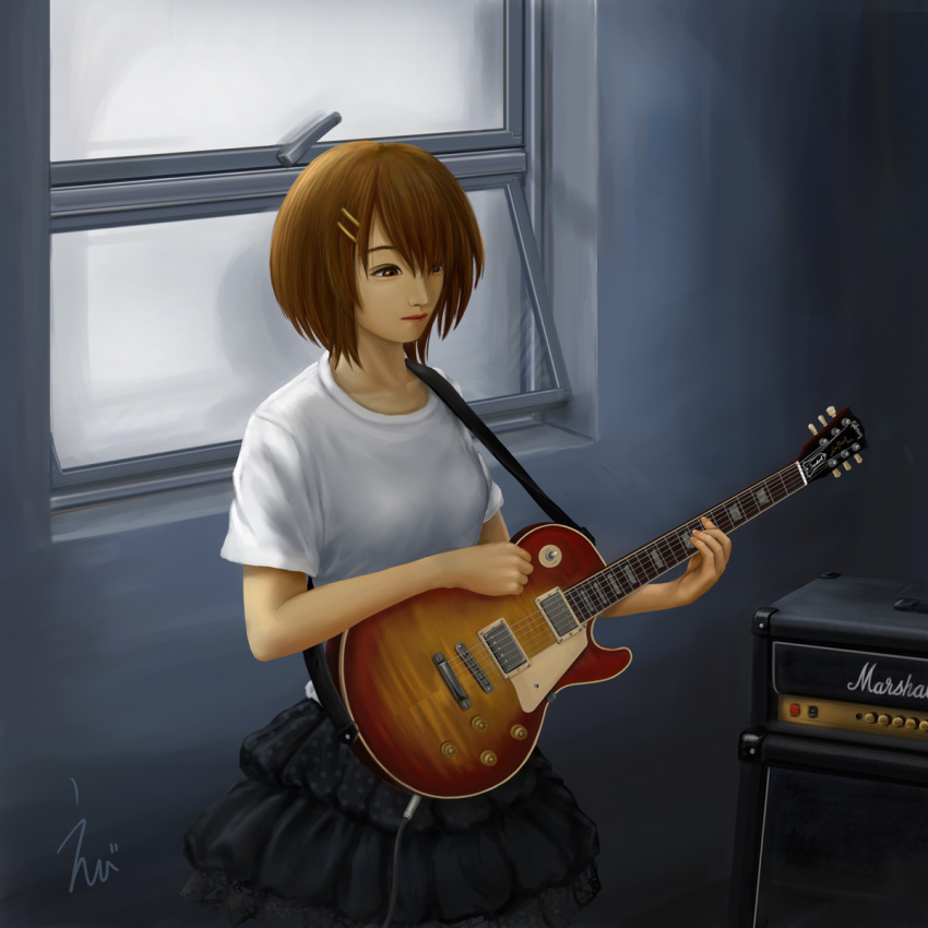 1girl amplifier brown_eyes brown_hair collarbone ebi_(eeotoko) electric_guitar guitar hair_ornament highres hirasawa_yui instrument k-on! open_window playing_instrument skirt solo window