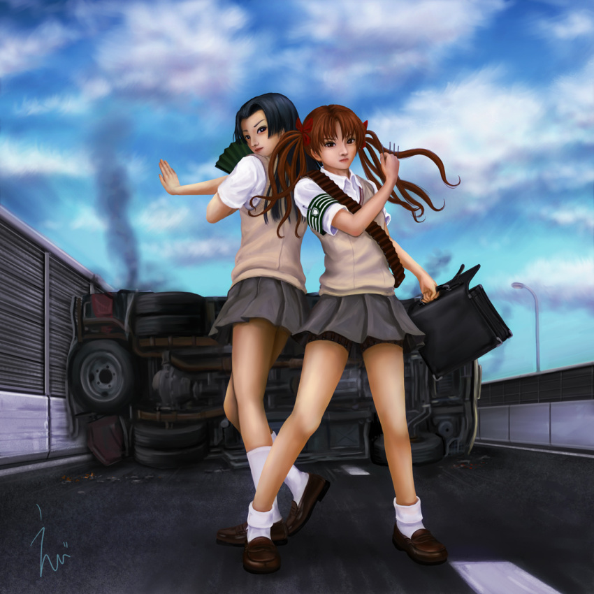 2girls armband bandolier black_hair ebi_(eeotoko) fan hair_ribbon highres kongou_mitsuko lamppost multiple_girls paper_fan ribbon road school_uniform shirai_kuroko skirt thigh_strap to_aru_kagaku_no_railgun to_aru_majutsu_no_index twintails wreckage