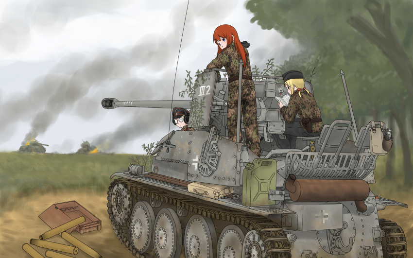 3girls ammunition artillery blonde_hair book broken_glasses canteen caterpillar_tracks field fire garrison_cap gas_can glasses hair_bobbles hair_ornament hat headphones highres holster long_hair looking_at_viewer looking_back marder_iii military military_uniform military_vehicle millimeter multiple_girls original peaked_cap picture_(object) reading redhead self-propelled_gun shell_casing short_twintails sky smoke soldier tank tree twintails uniform vehicle war wespe world_war_ii