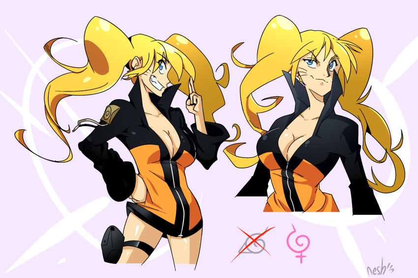 1girl blonde_hair breasts cleavage grin high_collar highres kill_la_kill large_breasts naruko naruto parody saffronsaur smile solo style_parody sweater_dress twintails uzumaki_naruto whiskers