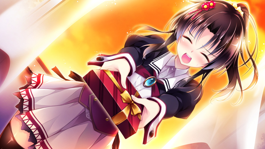 1girl black_hair black_legwear blush closed_eyes curtains embarrassed evening game_cg gift giving glowing golden_marriage hair_ornament highres inside long_sleeves looking_at_viewer open_mouth pleated_dress ponytail puffy_long_sleeves puffy_sleeves school_uniform scrunchie shimakage_ruri sky smile solo sweatdrop thigh-highs vest window