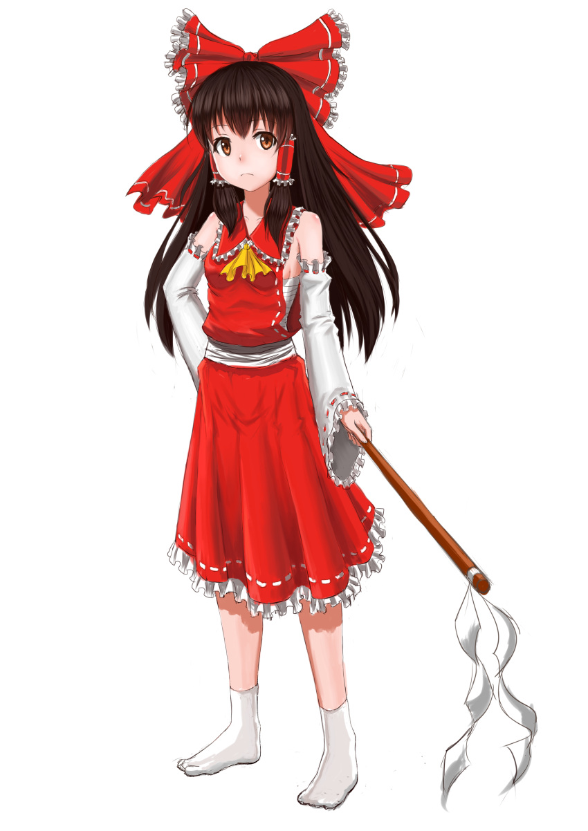 1girl absurdres ascot bow brown_eyes brown_hair detached_sleeves expressionless frilled_skirt frilled_sleeves frills full_body gohei hair_bow hair_tubes hakurei_reimu highres long_hair long_skirt nontraditional_miko red_skirt skirt skirt_set socks solo standing touhou white_background white_legwear wide_sleeves