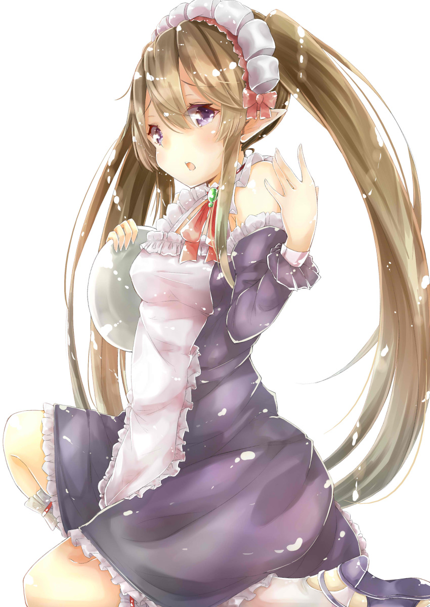 1girl absurdres brown_hair detached_sleeves highres hiiragi_yashiro holding kneeling long_hair looking_at_viewer maid maid_headdress myucel_foalan outbreak_company pointy_ears solo tray twintails violet_eyes