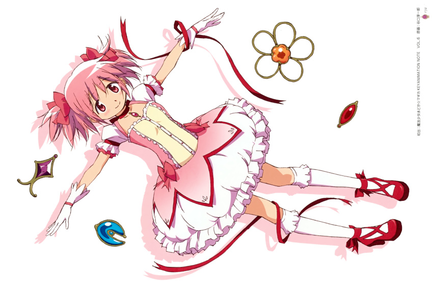 1girl blush choker dress flower gem gloves hair_ribbon happy kaname_madoka magical_girl mahou_shoujo_madoka_magica official_art pink_eyes pink_hair ribbon short_hair simple_background smile solo twintails white_background white_gloves