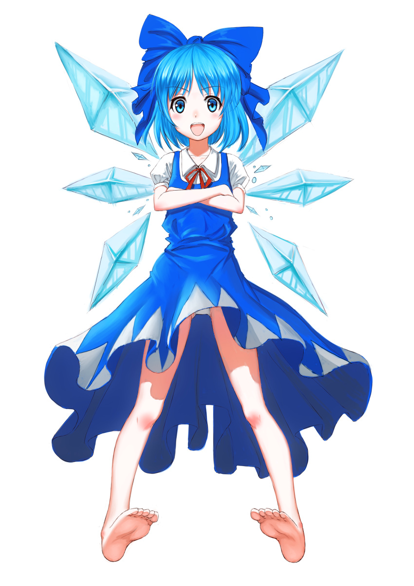 1girl :d absurdres bare_legs barefoot blue_dress blue_eyes blue_hair bow cirno crossed_arms dress feet full_body hair_bow highres ice ice_wings looking_at_viewer open_mouth panties pantyshot puffy_short_sleeves puffy_sleeves ribbon short_hair short_sleeves smile touhou underwear white_background wings
