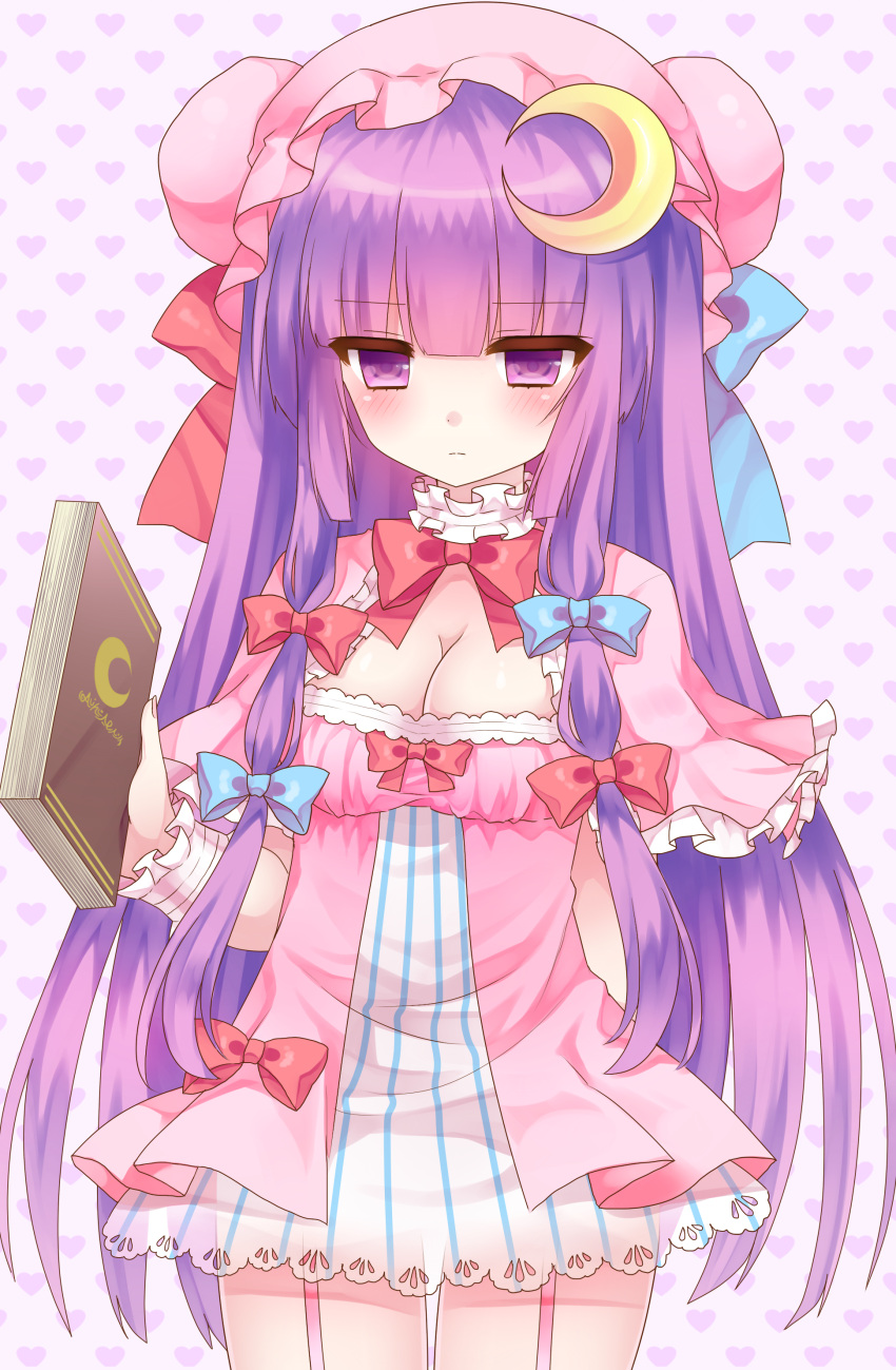 1girl :| absurdres adapted_costume alternate_costume blush book bow breasts cleavage crescent crescent_hair_ornament dress frilled_dress frills garter_straps hair_bow hair_ornament hair_ribbon hat highres holding holding_book mob_cap patchouli_knowledge purple_hair revision ribbon solo touhou tsukikage_nemu violet_eyes