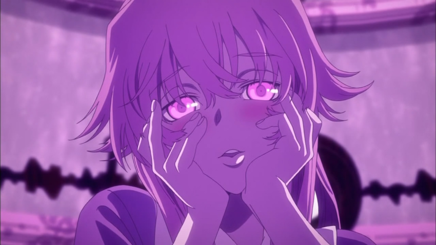 blush gasai_yuno mirai_nikki pink_background pink_eyes pink_hair purple_shirt screencap yandere_trance