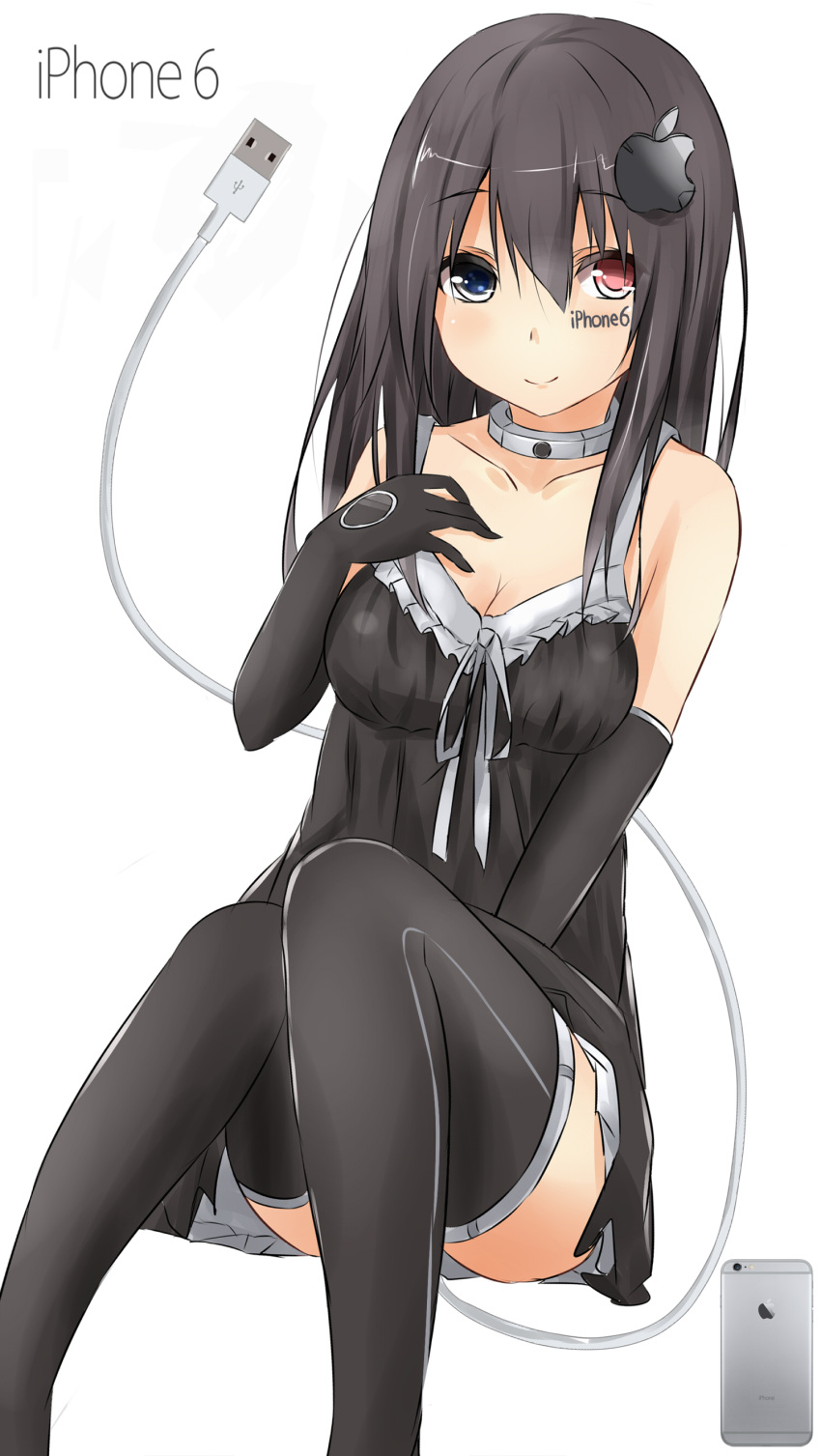 1girl absurdres apple_inc. bare_shoulders black_dress black_gloves black_legwear blue_eyes breasts cellphone choker cleavage dress elbow_gloves gloves hair_ornament hairclip heterochromia highres iphone long_hair looking_at_viewer personification phone red_eyes saku_(kudrove) smartphone smile solo tattoo thigh-highs usb