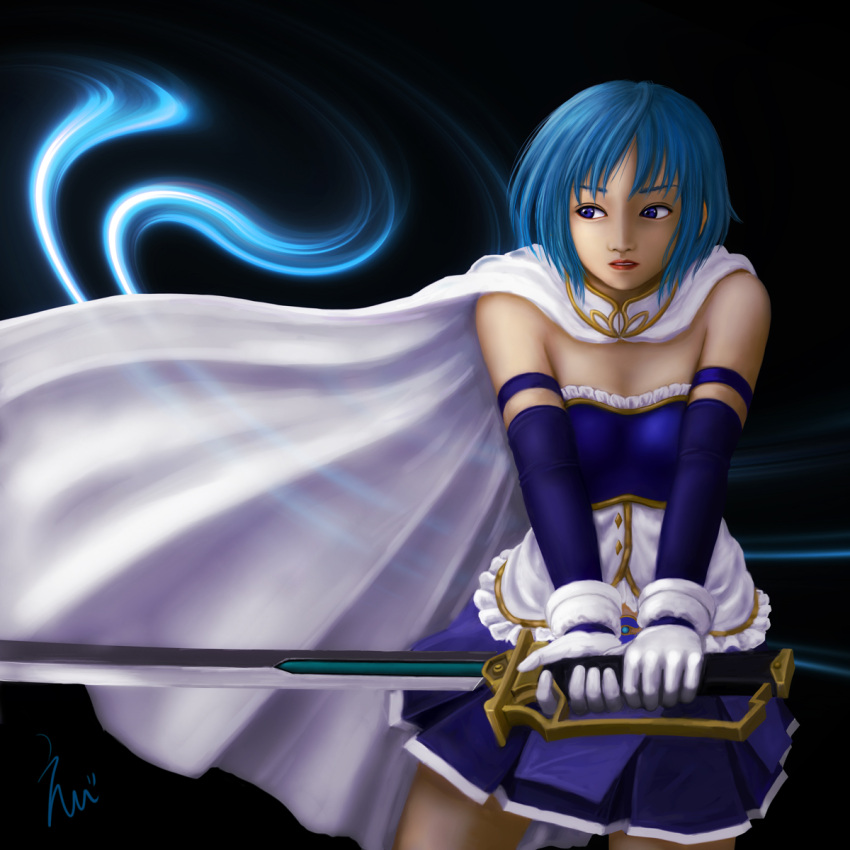 1girl blue_eyes blue_hair breasts cape cleavage ebi_(eeotoko) highres mahou_shoujo_madoka_magica miki_sayaka solo sword weapon