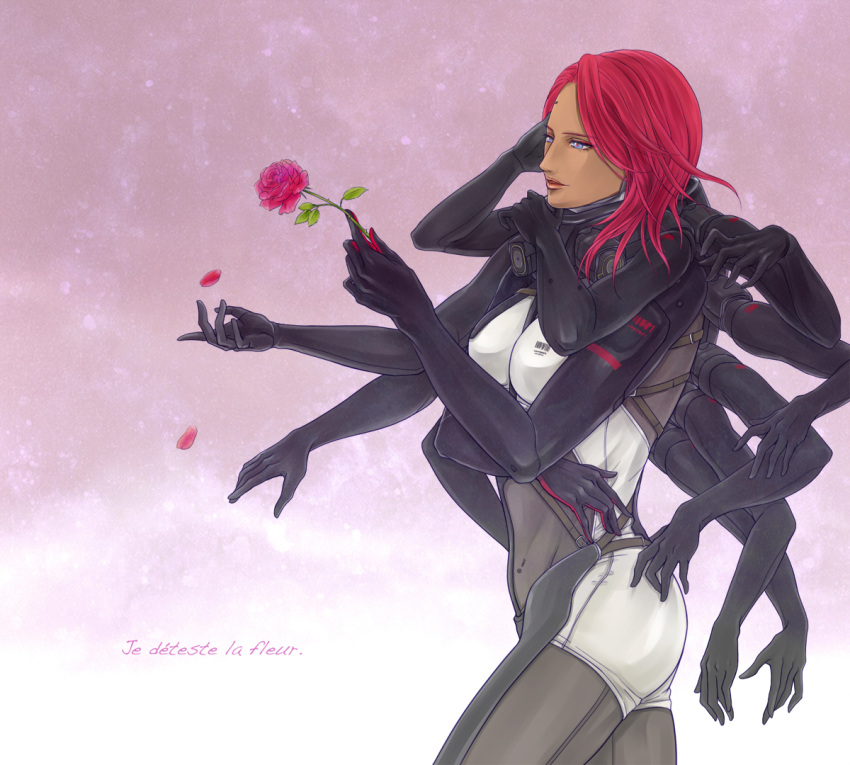 1girl blue_eyes bodysuit breasts cyborg dark_skin extra_arms flare_(shin-s) flower french long_hair metal_gear_(series) metal_gear_rising:_revengeance mistral_(metal_gear_rising) nose petals redhead rose solo translated
