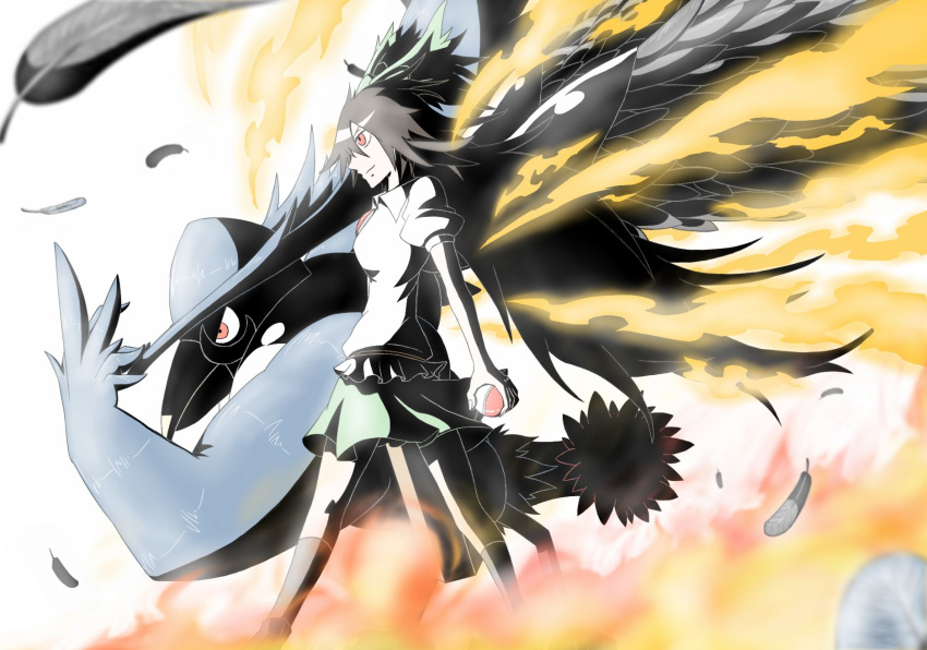 1girl beak bird black_wings bow brown_hair cape crossover feathered_wings feathers fire from_side hair_bow hand_on_headwear hat highres holding holding_poke_ball honchkrow long_hair poke_ball pokemon pokemon_(creature) red_eyes reiuji_utsuho skirt smile summersketch third_eye touhou wings