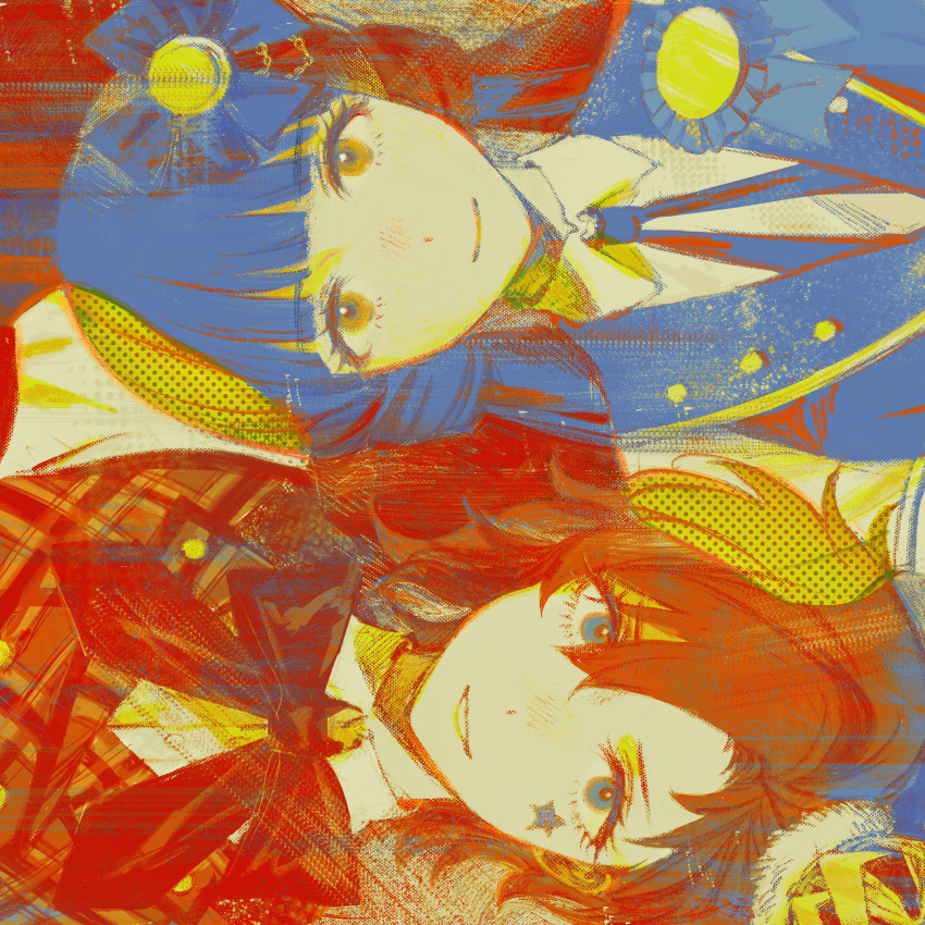2girls absurdres award_ribbon blue_eyes blue_hair blue_jacket blunt_bangs bow bowtie closed_mouth collared_shirt crown facial_mark grin hair_bow halftone highres idolmaster idolmaster_million_live! jacket julia_(idolmaster) kitakami_reika limited_palette long_hair looking_at_viewer low_twintails multiple_girls neck_ribbon orange_eyes parted_bangs plaid plaid_bow plaid_bowtie plaid_vest puffy_short_sleeves puffy_sleeves red_vest redhead ribbon shirt short_hair short_sleeves smile star_(symbol) star_facial_mark tilted_headwear twintails upper_body vest white_shirt yatatashira