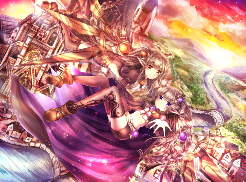 2girls boots braid bridge brown_hair building cape clouds coat crescent_hair_ornament floating_hair flying hair_ornament halo hand_on_belt highres light_rays long_hair looking_at_viewer midriff multiple_girls navel open_mouth orange_eyes original pointy_ears purple_clothes purple_hair purple_legwear river rudia sky smile spikes sun thigh-highs violet_eyes white_clothes wings