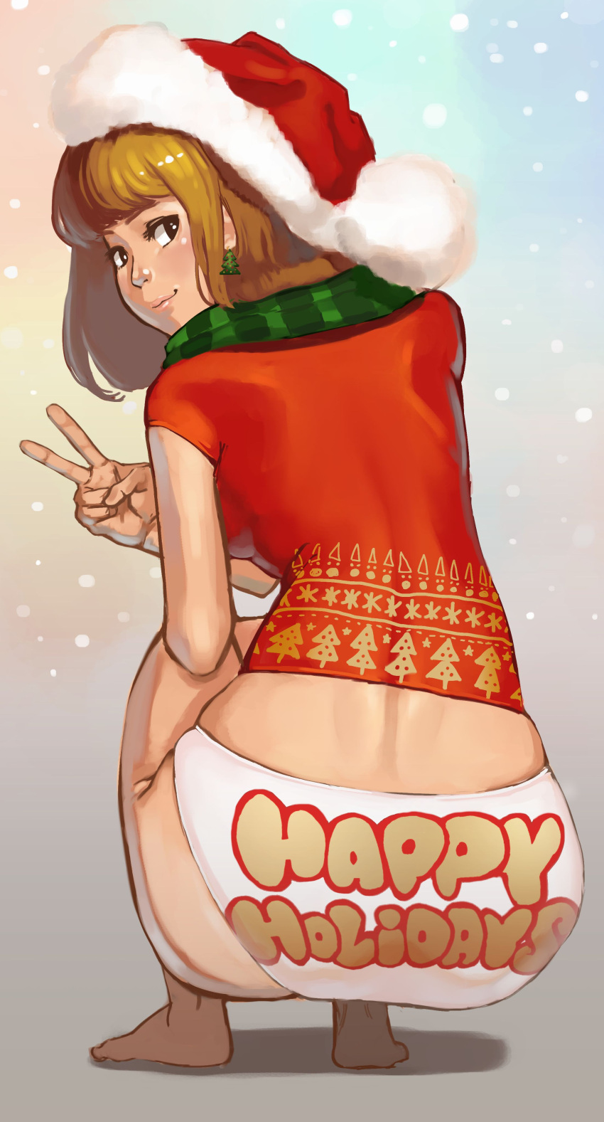 1girl absurdres ass barefoot brown_hair christmas earrings english full_body hat highres jewelry looking_at_viewer looking_back original panties santa_hat scarf smile squatting tani_(sgt_epper) underwear